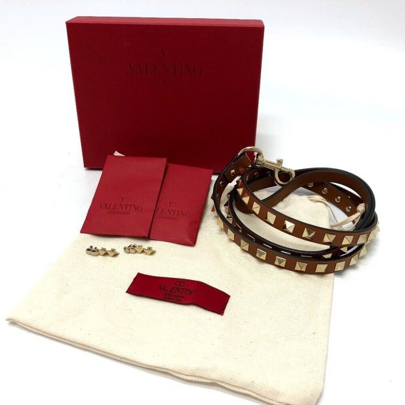 Auth VALENTINO studded lead Pets Lead Leather Brown/GoldHardware/Gold studs